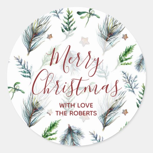メリークリスマスの休日のステッカーラベル松クリスマス ラウンドシール (正面)