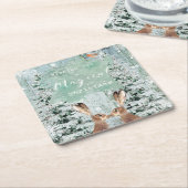 メリークリスマスの休日のノウサギの冬の木 スクエアペーパーコースター (アングル)