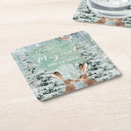 メリークリスマスの休日のノウサギの冬の木 スクエアペーパーコースター (アングル)