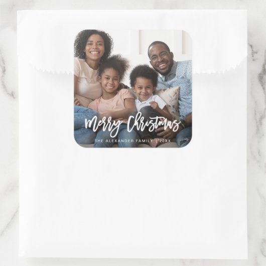メリークリスマスの写真と年のタイポグラフィシール スクエアシール (バッグ)