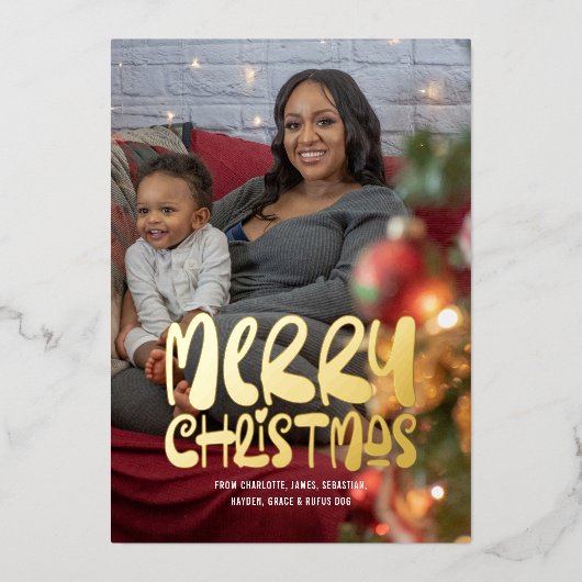 メリークリスマスの写真と文字 パーソナライズされた 箔シーズンカード (正面)
