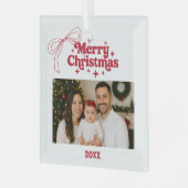 メリークリスマスの写真の弓レトロの赤い手 ガラスオーナメント (正面左)