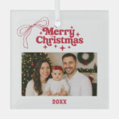 メリークリスマスの写真の弓レトロの赤い手 ガラスオーナメント (正面)