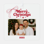 メリークリスマスの写真の弓レトロの赤い手 メタルオーナメント (裏面)