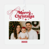 メリークリスマスの写真の弓レトロの赤い手 メタルオーナメント (正面)