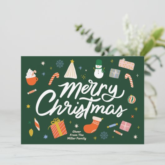 メリークリスマスの冬のアイコン図解入りの、写真付きの シーズンカード (スタンド正面)