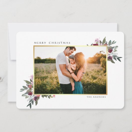 メリークリスマスの冬のフローラ縁ど金ゴールド写真 シーズンカード (正面)