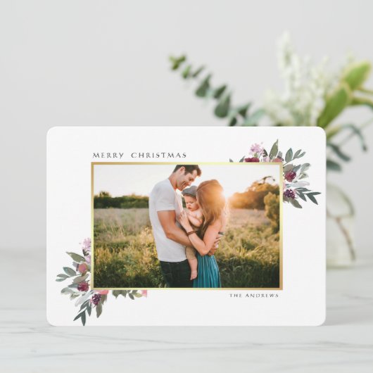 メリークリスマスの冬のフローラ縁ど金ゴールド写真 シーズンカード (スタンド正面)