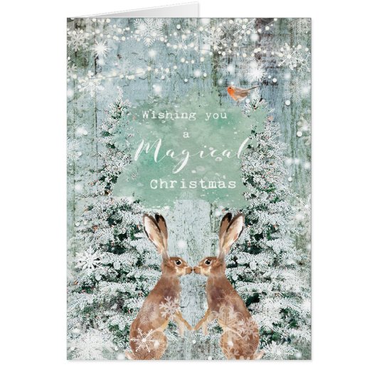 メリークリスマスの冬の雪のノウサギカード (正面)