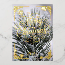 メリークリスマスの冷たい松の葉金ゴールド 箔シーズンカード