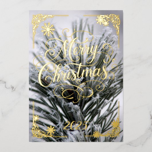 メリークリスマスの冷たい松の葉金ゴールド 箔シーズンカード (正面)