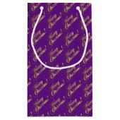 メリークリスマスの原稿のフェイクな金ゴールドホイルの紫色 スモールペーパーバッグ (裏面)