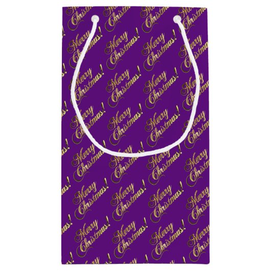 メリークリスマスの原稿のフェイクな金ゴールドホイルの紫色 スモールペーパーバッグ (裏面)