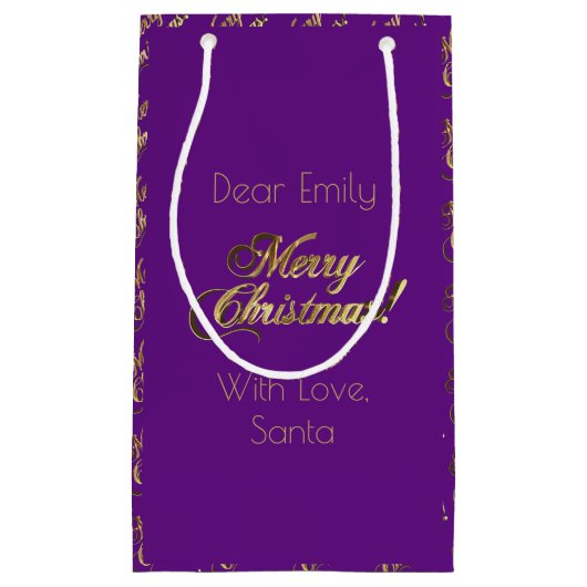 メリークリスマスの原稿のフェイクな金ゴールドホイルの紫色 スモールペーパーバッグ (正面)