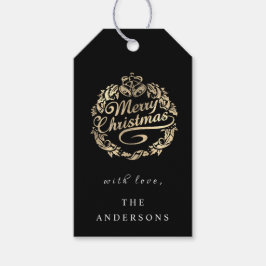 メリークリスマスの名前にリース王室のブラック金ゴールド ギフトタグ