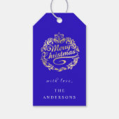 メリークリスマスの名前にリース王室のブルー金ゴールド ギフトタグ (正面)