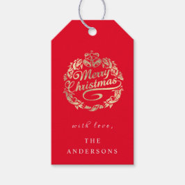 メリークリスマスの名前にリース王室のレッド金ゴールド ギフトタグ