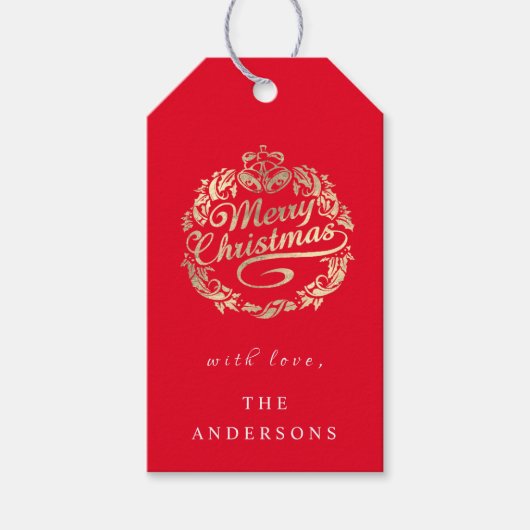 メリークリスマスの名前にリース王室のレッド金ゴールド ギフトタグ (正面)