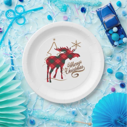 メリークリスマスの国スタイルの赤い格子縞のアメリカヘラジカ ペーパープレート (パーティー)