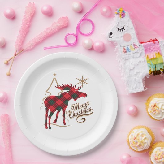 メリークリスマスの国スタイルの赤い格子縞のアメリカヘラジカ ペーパープレート (パーティー)