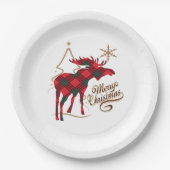 メリークリスマスの国スタイルの赤い格子縞のアメリカヘラジカ ペーパープレート (正面)