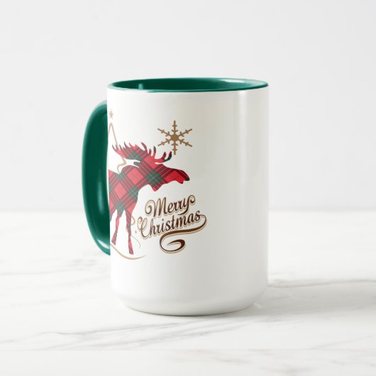 メリークリスマスの国スタイルの赤い格子縞のアメリカヘラジカ マグカップ (正面左)