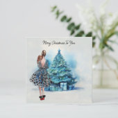 メリークリスマスの女性と青いクリスマスツリー カード (スタンド正面)