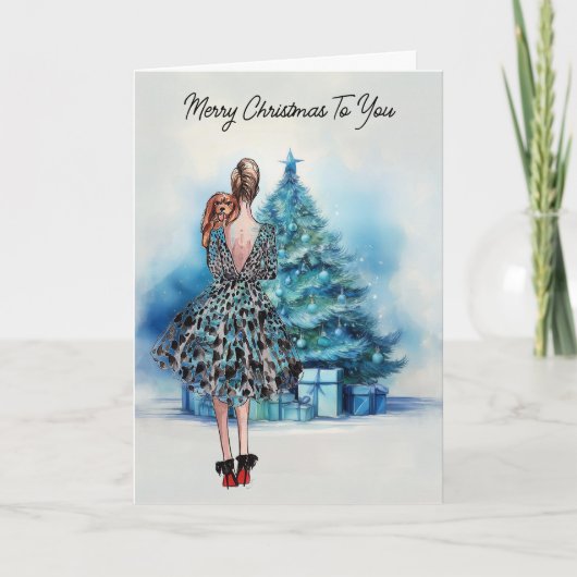 メリークリスマスの女性と青いクリスマスツリー カード (正面)