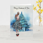 メリークリスマスの女性と青いクリスマスツリー カード (黄色い花)