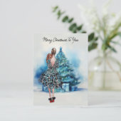 メリークリスマスの女性と青いクリスマスツリー ポストカード (スタンド正面)