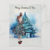 メリークリスマスの女性と青いクリスマスツリー ポストカード (正面)