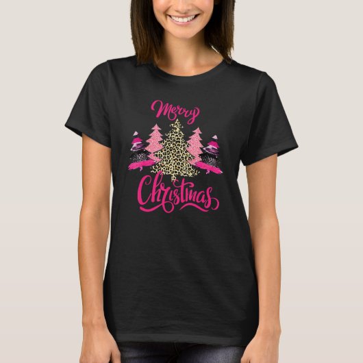 メリークリスマスの女性の女の子ピンクの木のクリスマスl tシャツ (正面)