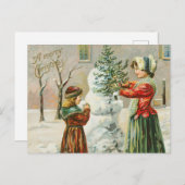 メリークリスマスの女性、子供と雪だるまの休日 シーズンポストカード (正面/裏面)