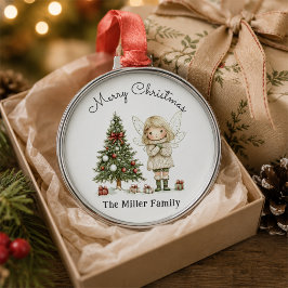 メリークリスマスの妖精とツリーの名入れギフト メタルオーナメント