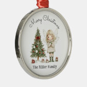 メリークリスマスの妖精と木のパーソナライズされた贈り物 メタルオーナメント (右)