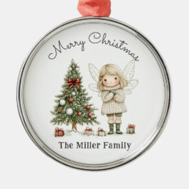 メリークリスマスの妖精と木のパーソナライズされた贈り物 メタルオーナメント