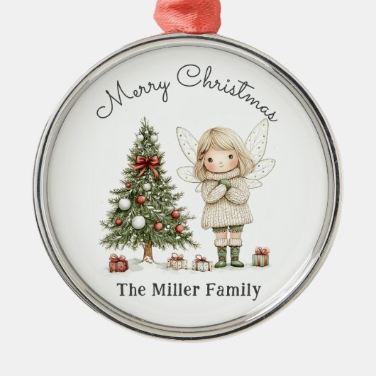 メリークリスマスの妖精と木のパーソナライズされた贈り物 メタルオーナメント (正面)