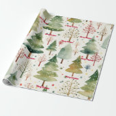 メリークリスマスの季節の緑の森の木 ラッピングペーパー (アンロールド)