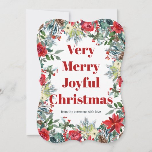 メリークリスマスの季節の赤い緑のフローラリース シーズンカード (正面)