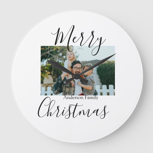 メリークリスマスの家族の写真モダン素朴エレガント ラージ壁時計 (正面)