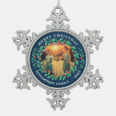 メリークリスマスの家族の名前ホリーベリー写真 スノーフレークピューターオーナメント (正面)