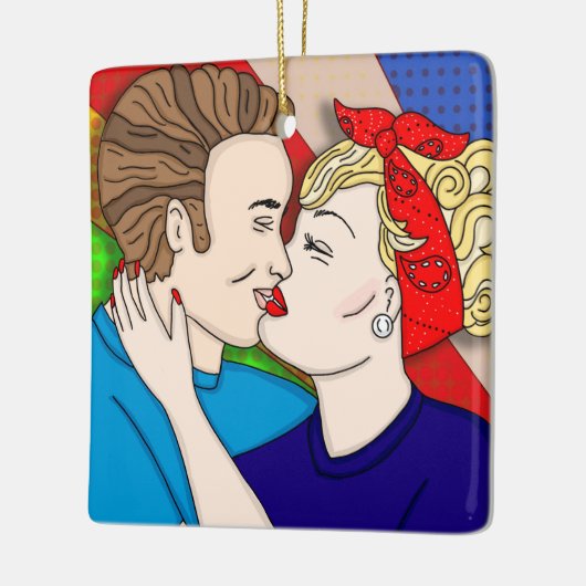 メリークリスマスの恋人 |レトロカップルキスをする セラミックオーナメント (左)