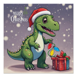 メリークリスマスの恐竜とプレゼント ポスター