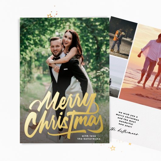 メリークリスマスの手の書写真コラージュ金ゴールド 箔シーズンカード