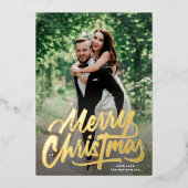 メリークリスマスの手の書写真コラージュ金ゴールド 箔シーズンカード (正面)