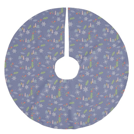 メリークリスマスの手描き木雪片の花 ブラッシュドポリエステルツリースカート (正面)