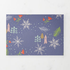 メリークリスマスの手描き木雪片の花 三つ折りクリスマスカード