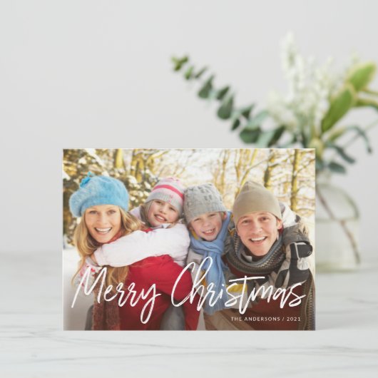 メリークリスマスの手書きの白い原稿の写真 シーズンカード (スタンド正面)