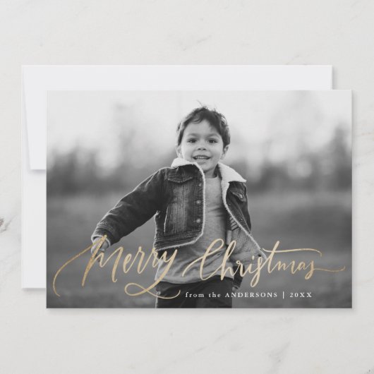 メリークリスマスの手書き金ゴールドスクリプトの写真 シーズンカード (正面)