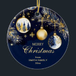 メリークリスマスの挨拶金ゴールドネイビーブルーボーブル セラミックオーナメント<br><div class="desc">メリークリスマス写真オーナメントクラシック金ゴールドとネイビーブルーホワイトバウリーと雪の結晶モミの木の水色、クリスマスフォトギフト</div>
